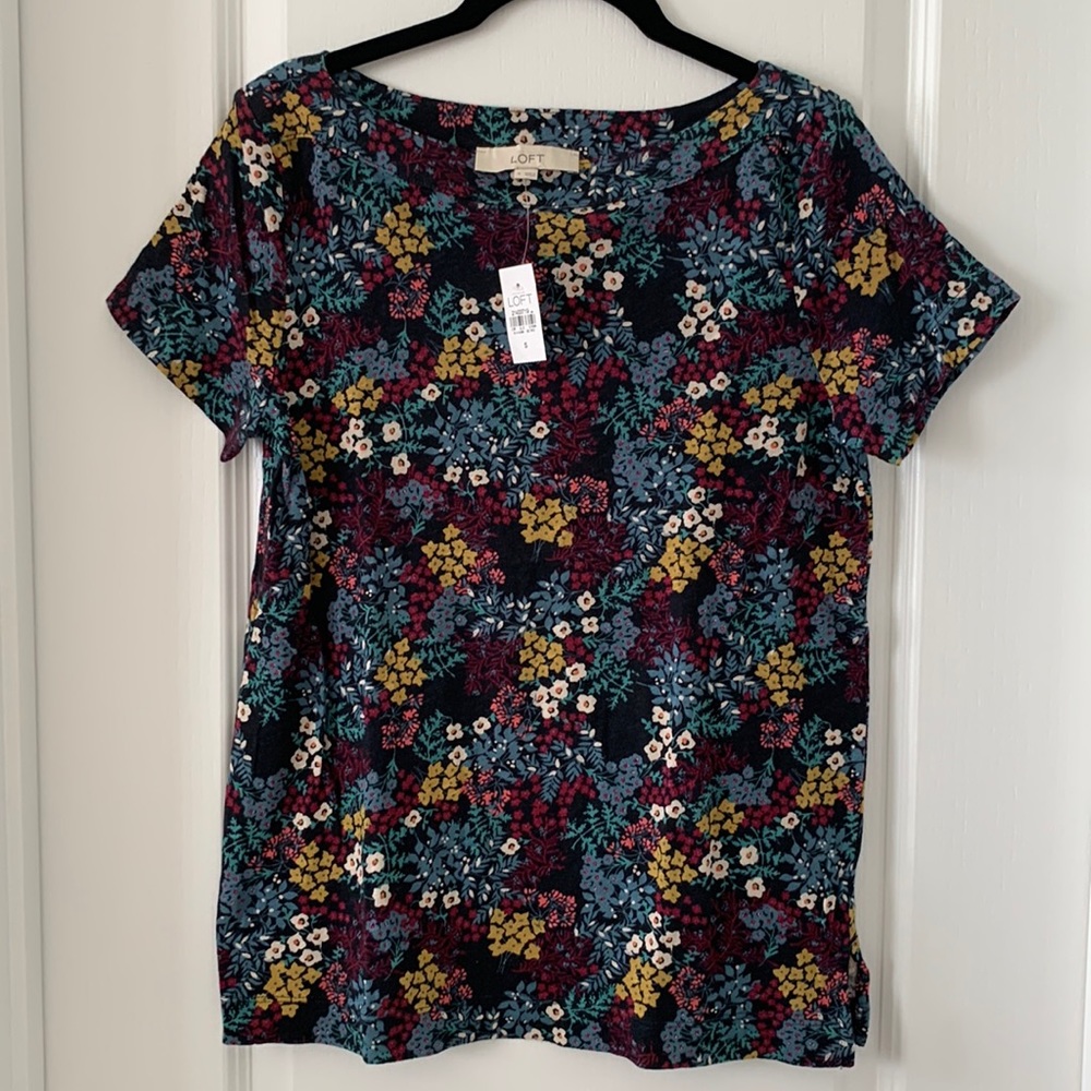NWT LOFT Floral Print 100% Cotton Boatneck Short Sleeves Top Size Small